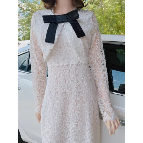Set đầm body ren 2 dây kèm áo khoác ren lửng dài tay Màu trắng Hàng có sẵn giao ngay L Chất liệu ren cao cấp Hàng chính