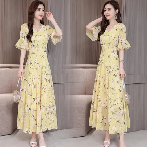 Đầm Nữ  hoa hoạ tiết Tay Ngắn Dáng Xoè rộng Phong Cách Hàn Quốc Thời Trang  Màu vàng Giá 290k Hàng có sẵn giao ngay L