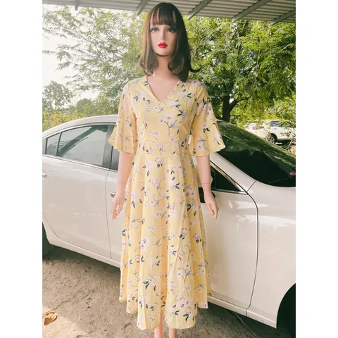 Đầm Nữ  hoa hoạ tiết Tay Ngắn Dáng Xoè rộng Phong Cách Hàn Quốc Thời Trang  Màu vàng Giá 290k Hàng có sẵn giao ngay L