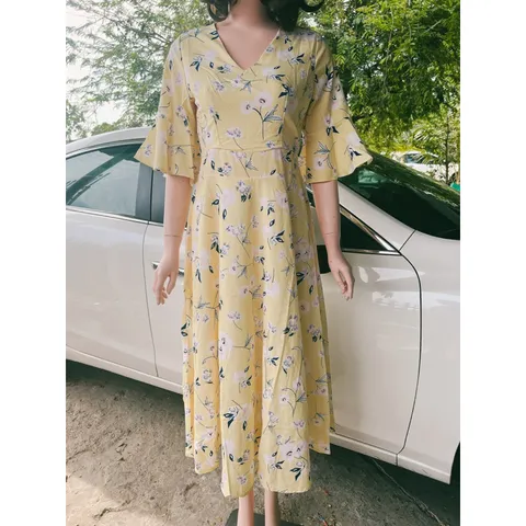 Đầm Nữ  hoa hoạ tiết Tay Ngắn Dáng Xoè rộng Phong Cách Hàn Quốc Thời Trang  Màu vàng Giá 290k Hàng có sẵn giao ngay L