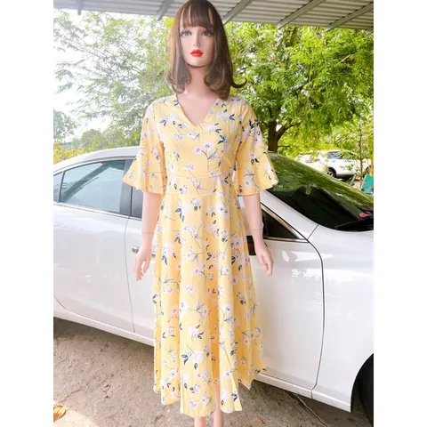 Đầm Nữ  hoa hoạ tiết Tay Ngắn Dáng Xoè rộng Phong Cách Hàn Quốc Thời Trang  Màu vàng Giá 290k Hàng có sẵn giao ngay L