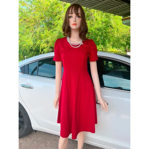Đầm dự tiệc, công sở váy xoè  cổ cach điệu hoa siêu đẹp Giá 290k Màu đỏ Hàng co giãn dễ chịu Hàng có sẵn giao ngay