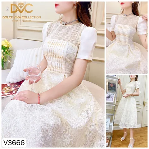 VÁY REN TRẮNG PHỐI CỔ LƯỚI HỌA TIẾT NỔI TIỂU THƯ Giá 399k Đủ size tới XL Hàng có sẵn giao ngay Chất liệu ren cao cấp