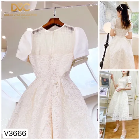 VÁY REN TRẮNG PHỐI CỔ LƯỚI HỌA TIẾT NỔI TIỂU THƯ Giá 399k Đủ size tới XL Hàng có sẵn giao ngay Chất liệu ren cao cấp
