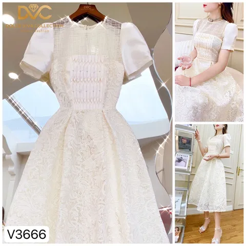 VÁY REN TRẮNG PHỐI CỔ LƯỚI HỌA TIẾT NỔI TIỂU THƯ Giá 399k Đủ size tới XL Hàng có sẵn giao ngay Chất liệu ren cao cấp