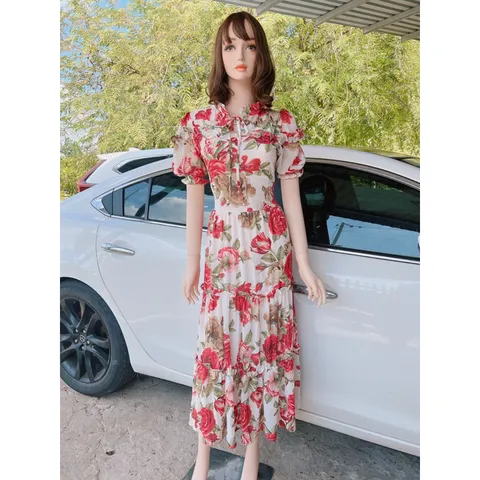 Đầm hoa hồng siêu đẹp maxi dài Dây kéo phía sau Giá 299k Hàng có sẵn giao ngay Có dây buột eo theo dáng người Đủ size