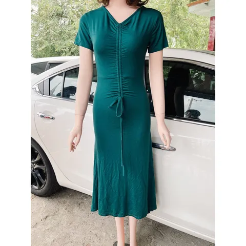 Đầm  Thiết kế  Dây rút Phong cách mới Vải / Polyester (sợi polyeste) Siêu co giãn, mát Giá 290k Mày xanh đậm