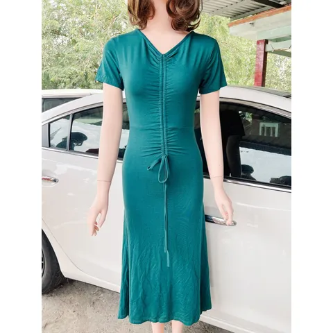 Đầm  Thiết kế  Dây rút Phong cách mới Vải / Polyester (sợi polyeste) Siêu co giãn, mát Giá 290k Mày xanh đậm
