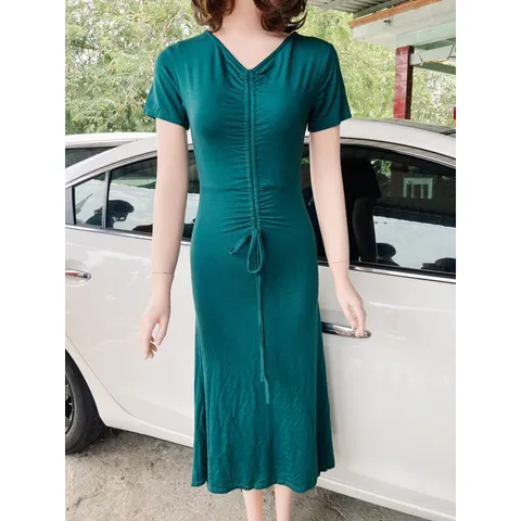 Đầm  Thiết kế  Dây rút Phong cách mới Vải / Polyester (sợi polyeste) Siêu co giãn, mát Giá 290k Mày xanh đậm