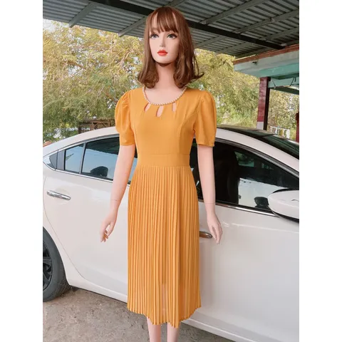 Đầm Xòe Dáng Dài Thiết Kế Cổ Đính Cườm cổ giọt nước Phong Cách Sang Trọng  Maù vàng Giá 290k Hàng có sẵn giao ngay