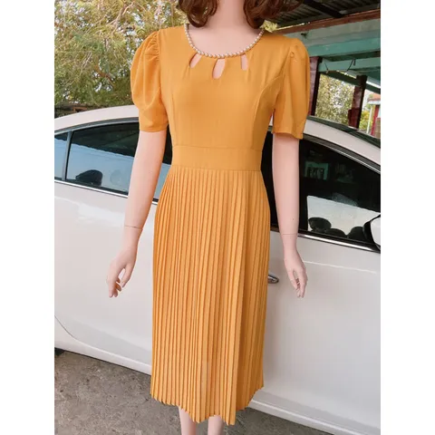 Đầm Xòe Dáng Dài Thiết Kế Cổ Đính Cườm cổ giọt nước Phong Cách Sang Trọng  Maù vàng Giá 290k Hàng có sẵn giao ngay