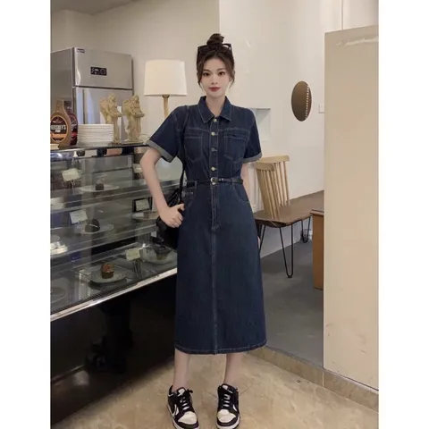 Váy bò, đầm Jean tay ngắn, đầm nữ túi ngực kèm đai thắt eo, kiểu dáng thanh lịch  Giá 280k Hàng có sẵn giao ngay