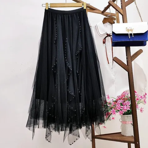 Chân Váy Dáng dài eo bo chun co giãn dễ mặc Vừa Vặn Xếp Ly Viền Lớn Đính ngọc Hàng Quảng Châu cao cấp Giá 250k