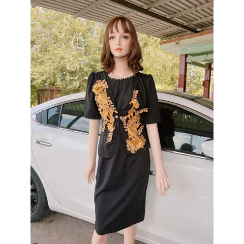 Đầm giả vest đính kết hoa nổi siêu đẹp Giá 390k Hàng có sẵn giao ngay Có màu đen và màu cam Có co giãn