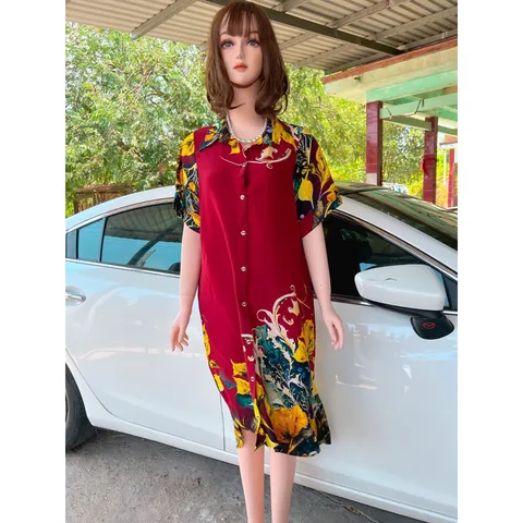 Đầm midi cổ sơ mi  tay ngắn có nút cài in họa tiết phong cách vintage thời trang dành cho nữ Giá 290k Hàng có sẵn