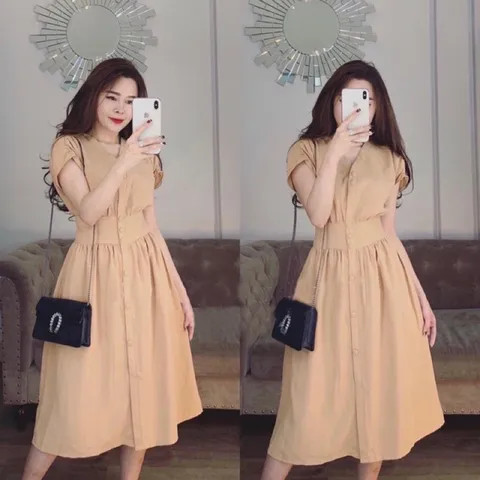 [ẢNH THẬT CUỐI] Đầm Dạo Phố Sống Ảo Dáng Dài Nút Trước Bo Eo Sang Chảnh, Đầm Cổ V Tay Ngắn Trẻ Trung Năng Động Giá 220k