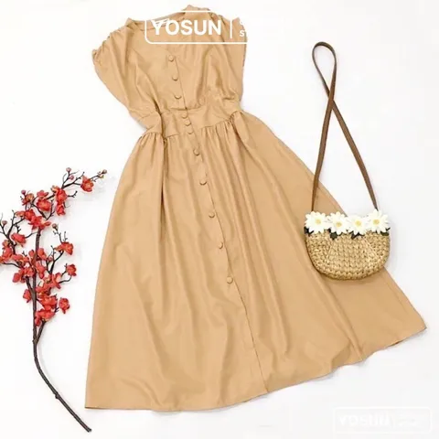 [ẢNH THẬT CUỐI] Đầm Dạo Phố Sống Ảo Dáng Dài Nút Trước Bo Eo Sang Chảnh, Đầm Cổ V Tay Ngắn Trẻ Trung Năng Động Giá 220k