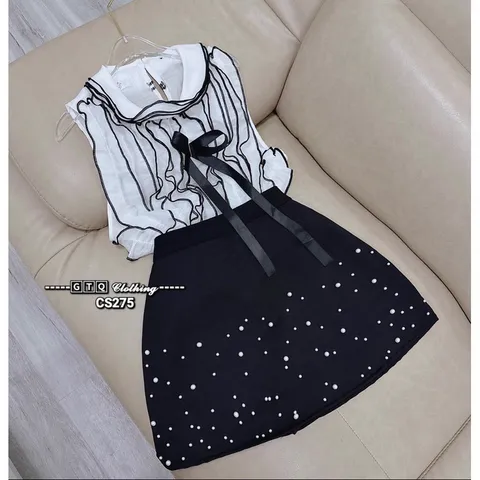 SET ÁO LỤA BÈO VIỀN ĐEN NƠ NGỰC + CHÂN VÁY ĐÍNH NGỌC Giá 350k/ cả set Hàng có sẵn giao ngay Có 2 màu