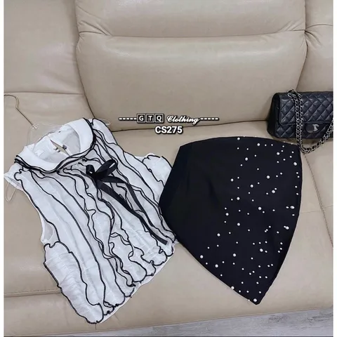 SET ÁO LỤA BÈO VIỀN ĐEN NƠ NGỰC + CHÂN VÁY ĐÍNH NGỌC Giá 350k/ cả set Hàng có sẵn giao ngay Có 2 màu