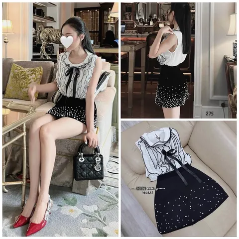SET ÁO LỤA BÈO VIỀN ĐEN NƠ NGỰC + CHÂN VÁY ĐÍNH NGỌC Giá 350k/ cả set Hàng có sẵn giao ngay Có 2 màu