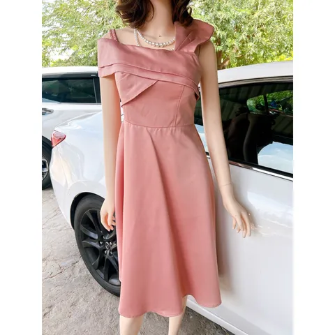 Váy đầm thiết kế cao cấp màu hồng trễ 1 bên vai dáng dài sang trọng [ Ảnh thật ] Giá 299k Hàng có sẵn giao ngay