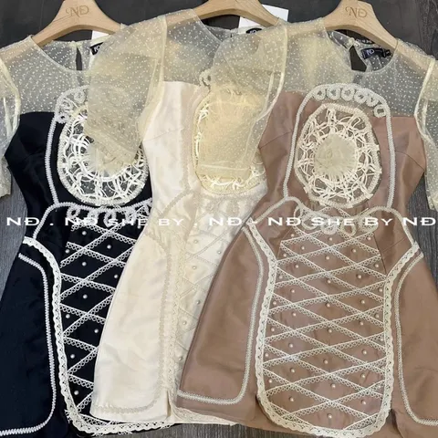 Đầm dự tiệc cao cấp 🌈tafta kết cườm ngọc🌈 tỉ mỉ tay lưới phồng cổ tròn xòe chữ A xẻ  đủ 3 màu Giá 360k
