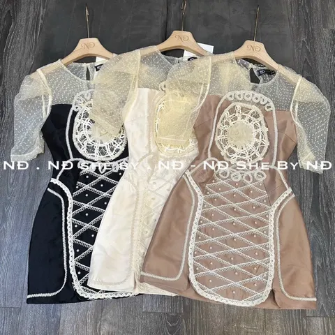 Đầm dự tiệc cao cấp 🌈tafta kết cườm ngọc🌈 tỉ mỉ tay lưới phồng cổ tròn xòe chữ A xẻ  đủ 3 màu Giá 360k
