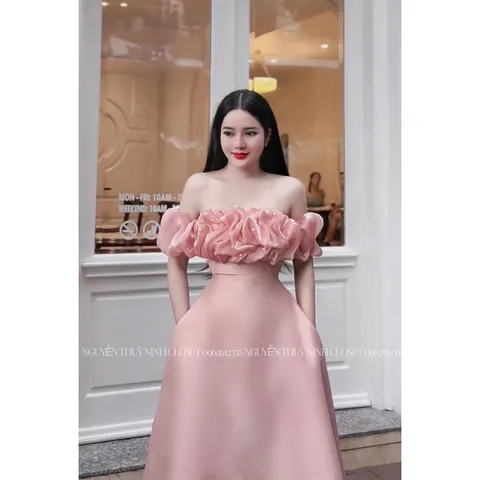 Đầm váy dự tiệc sang chảnh chất Tapta trễ vai phối voan kiếng bèo đính cườm  Giá 330k Hàng có sẵn giao ngay