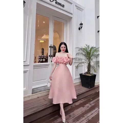 Đầm váy dự tiệc sang chảnh chất Tapta trễ vai phối voan kiếng bèo đính cườm  Giá 330k Hàng có sẵn giao ngay