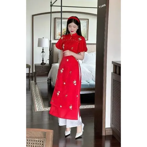 SET ÁO DÀI VOAN TƠ 4 TÀ SIÊU XINH Áo dài thêu hoa nhí tiểu thư cách tân nữ sẵn áo dài 4 tà lụa tơ kim sa đỏ trẻ trung