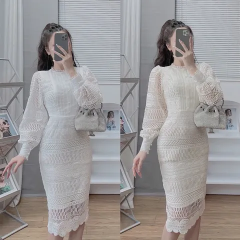 Đầm Thiết Kế  Chất Liệu Vải Ren Cao Cấp - Váy Ren Kem Thiết Kế Thanh Lịch Trẻ Trung Giá 380k Hàng có sẵn giao ngay
