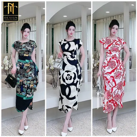 Đầm  satin lệnh vai màu hoa sang trọng, trẻ trung tôn dáng cho quý cô đi tiệc đi chơi. nhà e có đủ 3 màu