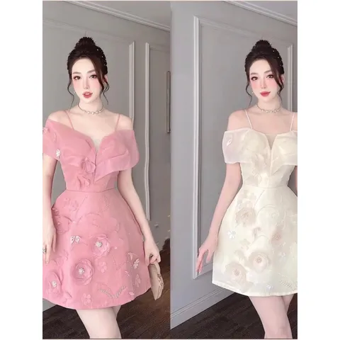 Váy tafta 2 dây đính kết hoa cầu kỳ Váy tafta đi tiệc sang chảnh Giá 390k Màu hồng 2S Màu kem ML Hàng có sẵn giao ngay