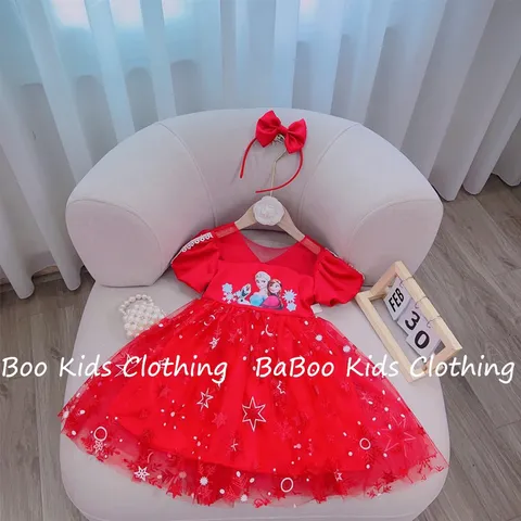 Đầm công chúa elsa siêu bồng kèm cài tóc băng đô  - Chất liệu vải: cotton, ren in bông tuyết cực xinh