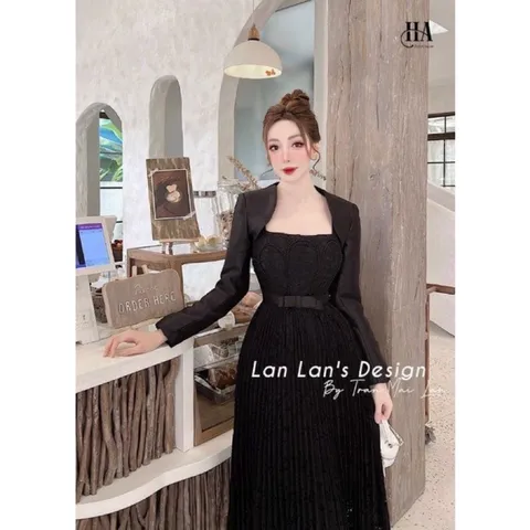 Đầm ren ngọc nơ eo tùng dập ly kèm khoác tay CÓ màu đen L và trắng  Giá 380k set gồm áo khoác + đầm 2s Hàng có sẵn