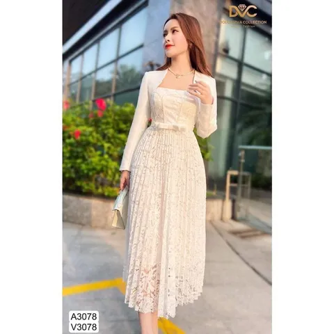 Đầm ren ngọc nơ eo tùng dập ly kèm khoác tay CÓ màu đen L và trắng  Giá 380k set gồm áo khoác + đầm 2s Hàng có sẵn