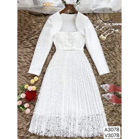Đầm ren ngọc nơ eo tùng dập ly kèm khoác tay CÓ màu đen L và trắng  Giá 380k set gồm áo khoác + đầm 2s Hàng có sẵn