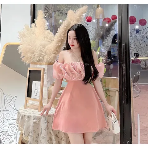 Đầm thời trang nữ mặc đi chơi chất tapta đính cườm vai bèo Giá 320k Hàng có sẵn giao ngay Eo dưới 70cm