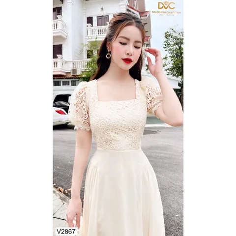 VÁY BE KEM REN PHỐI TƠ CỔ V V2867-DOLCE VIVA COLLECTION Giá 370k Hàng có sẵn giao ngay Size Dưới 65kg