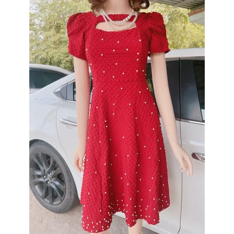 ĐẦM đỏ đô đính ngọc như mưa, CHẤT VẢI XỐP GẤM CAO CẤP  Vừa dây kéo vừa Bo chun phía sau lưng thoải mái dễ chịu Giá 290k