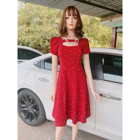ĐẦM đỏ đô đính ngọc như mưa, CHẤT VẢI XỐP GẤM CAO CẤP  Vừa dây kéo vừa Bo chun phía sau lưng thoải mái dễ chịu Giá 290k