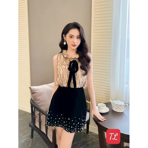 Set Áo + chân váy đính kết Chất Liệu Nhung Phối Voan Đính Đá - Set Váy Thiết Kế Trẻ Trung Thanh Lịch Hàng có sẵn