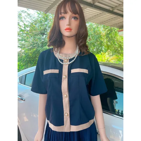 Set đầm thiết kế sang chảnh Giá 320k/ cả set Chất liệu tuyết mưa cao cấp Màu xanh navy Chân váy dập ly phía eo có bo