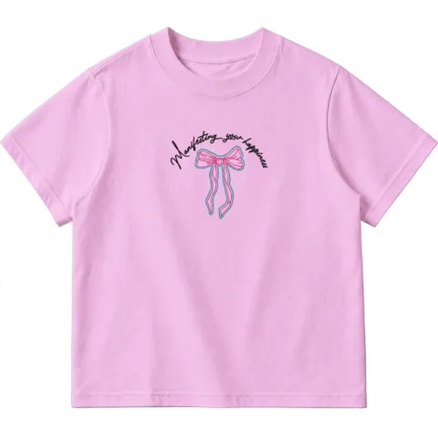 Áo thun form baby tee nữ thêu hình nơ và chữ 100% cotton brand Little Mouse
