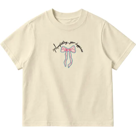 Áo thun form baby tee nữ thêu hình nơ và chữ 100% cotton brand Little Mouse
