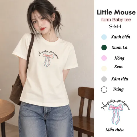 Áo thun form baby tee nữ thêu hình nơ và chữ 100% cotton brand Little Mouse