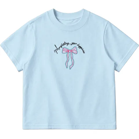 Áo thun form baby tee nữ thêu hình nơ và chữ 100% cotton brand Little Mouse