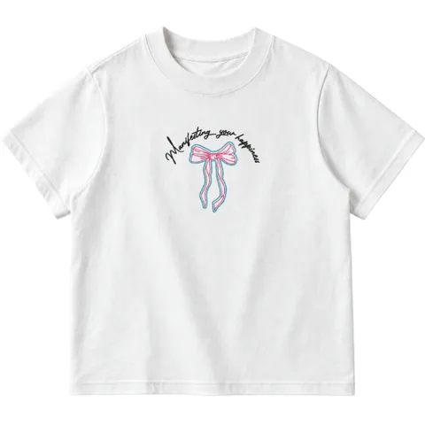 Áo thun form baby tee nữ thêu hình nơ và chữ 100% cotton brand Little Mouse