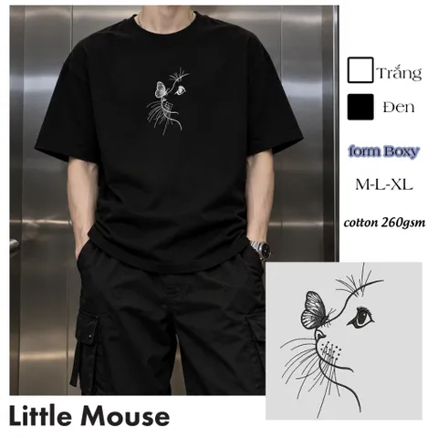 ÁO THUN THÊU- HÌNH MÈO BUỒN-FORM BOXY NAM NỮ-COTTON 2 CHIỀU 260gsm