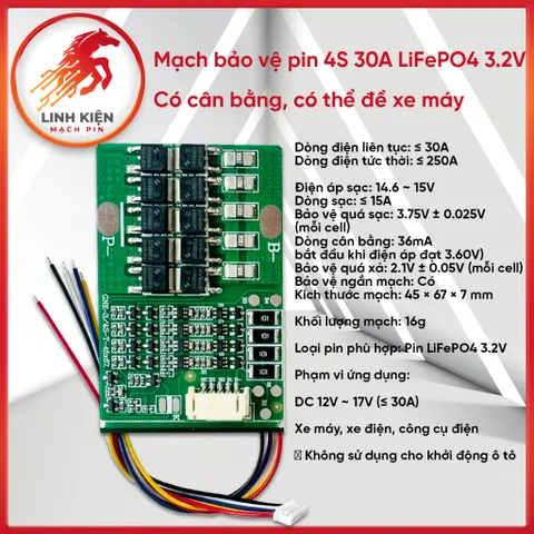 Mạch Bảo Vệ Pin Sắt 4S 30A - Có Cân Bằng Pin 3.2V, Dòng Tức Thời 250A, Mạch Đề Xe Máy (17)